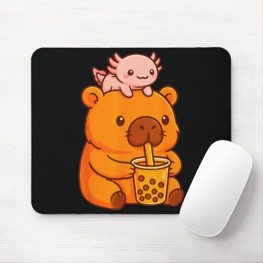 Cute Capybara Drinking Bubble Tea And Axolotl Kawa Muismat (Met muis)