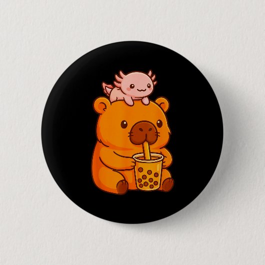 Cute Capybara Drinking Bubble Tea And Axolotl Kawa Ronde Button 5,7 Cm (Voorkant)