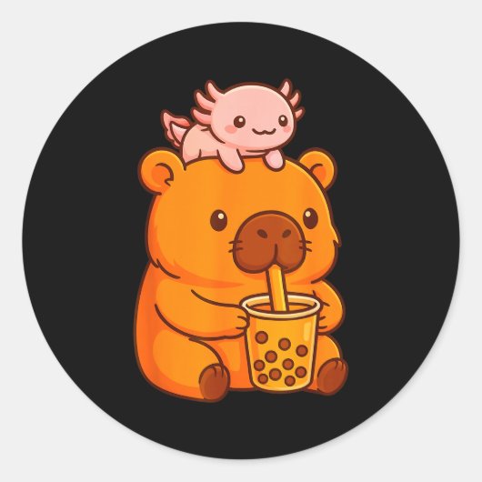 Cute Capybara Drinking Bubble Tea And Axolotl Kawa Ronde Sticker (Voorkant)