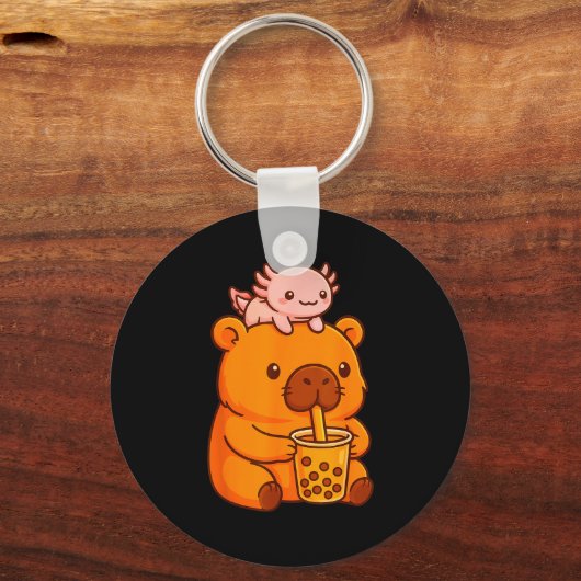 Cute Capybara Drinking Bubble Tea And Axolotl Kawa Sleutelhanger (Voorkant)
