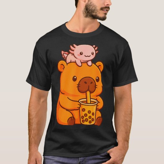 Cute Capybara Drinking Bubble Tea And Axolotl Kawa T-shirt (Voorkant)