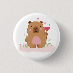 Cute Capybara Heet Luchtballon Roze Baby Shower Ronde Button 3,2 Cm