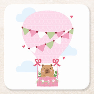 Cute Capybara Heet Luchtballon Roze Verjaardagsfee Kartonnen Onderzetters