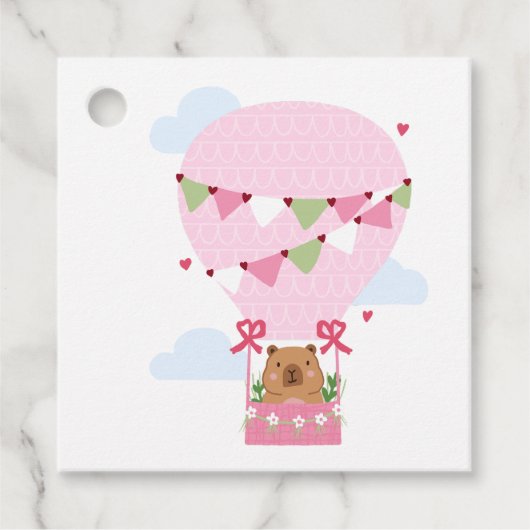 Cute Capybara Hot Air Balloon Pink Birthday Party Bedankjes Labels (Voorkant)