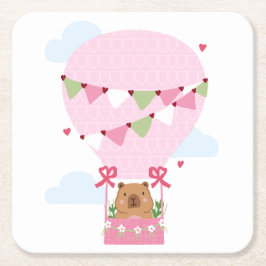 Cute Capybara Hot Air Balloon Pink Birthday Party Kartonnen Onderzetters