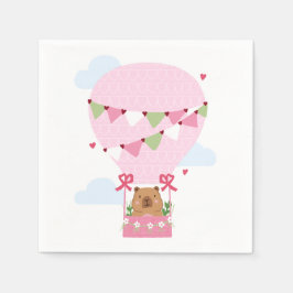 Cute Capybara Hot Air Balloon Pink Birthday Party Servet