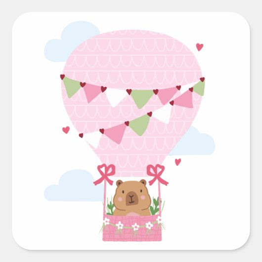 Cute Capybara Hot Air Balloon Pink Birthday Party Vierkante Sticker (Voorkant)