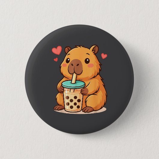 Cute Capybara Kawaii Anime Drinking Bubble Tea Lov Ronde Button 5,7 Cm (Voorkant)