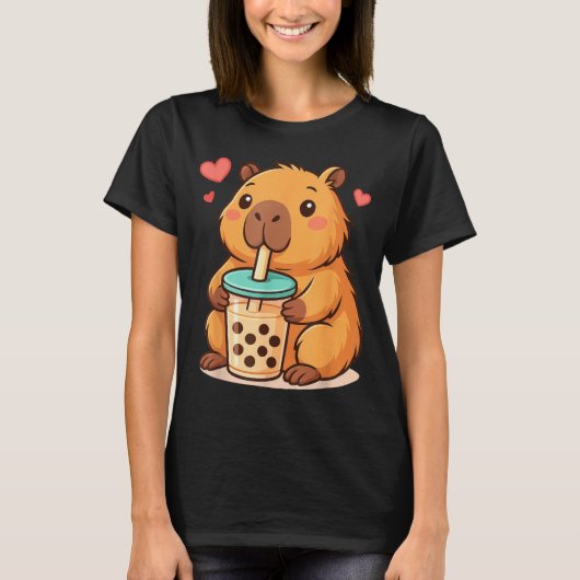 Cute Capybara Kawaii Anime Drinking Bubble Tea Lov T-shirt (Voorkant)