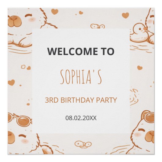 Cute Capybara Kids Birthday Party Welcome Perfect Poster (Voorkant)