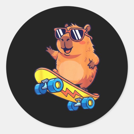 Cute Capybara Skateboarding Chill Animal Lover Art Ronde Sticker (Voorkant)