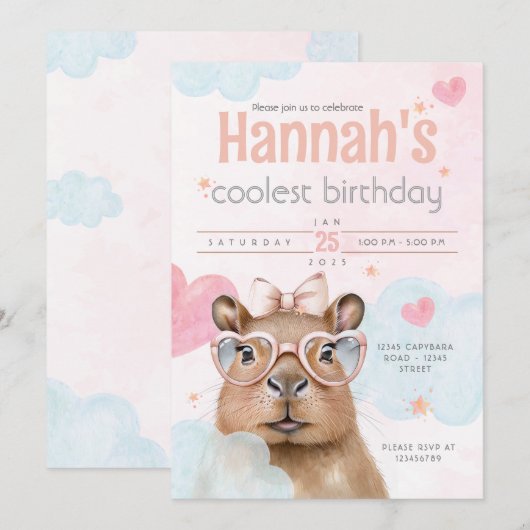 Cute Capybara-Themed Birthday Invitation Kaart (Voorkant / Achterkant)