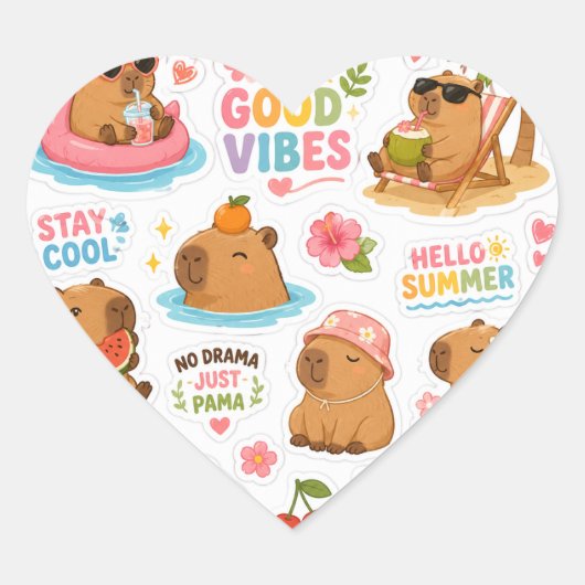 Cute Capybara Zomer Vibes Sticker Sheet – Kawaii (Voorkant)
