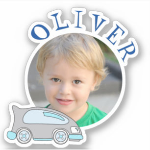 Cute Car Blue Round Lijst Name and Photo Kinder Sticker