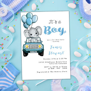 Cute Car Boy's Elephant Waterverf Baby shower Kaart