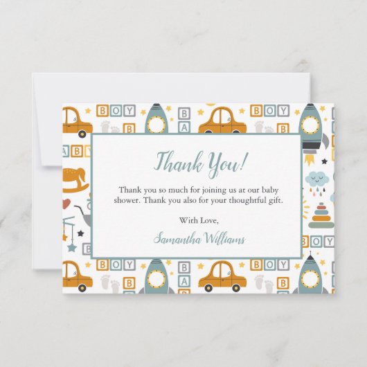 Cute Car Speelgoed Pattern Boy Blauwgroen Baby sho Bedankkaart (Voorkant)