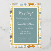 Cute Car Speelgoed Pattern Boy Blauwgroen Baby sho Folie Uitnodiging (Voorkant)