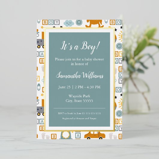 Cute Car Speelgoed Pattern Boy Blauwgroen Baby sho Folie Uitnodiging (Staand Voorkant)