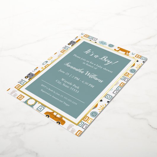 Cute Car Speelgoed Pattern Boy Blauwgroen Baby sho Folie Uitnodiging (Gedraaid)
