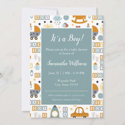 Cute Car Speelgoed Pattern Boy Blauwgroen Baby sho Kaart (Voorkant)