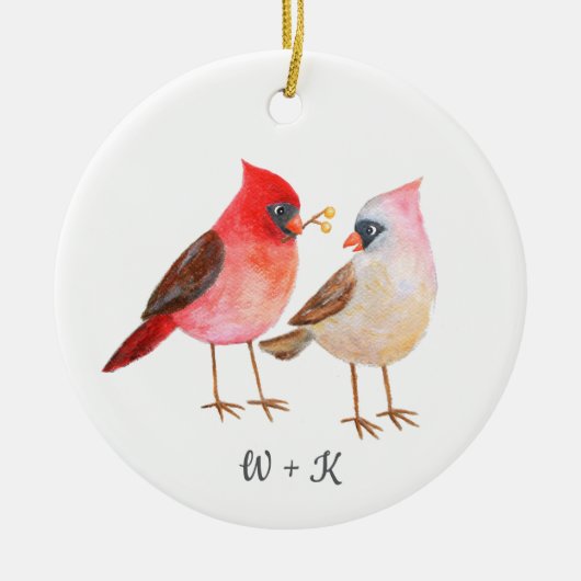 Cute Cardinal Giving Gifts Couple Custom Christmas Keramisch Ornament (Voorkant)