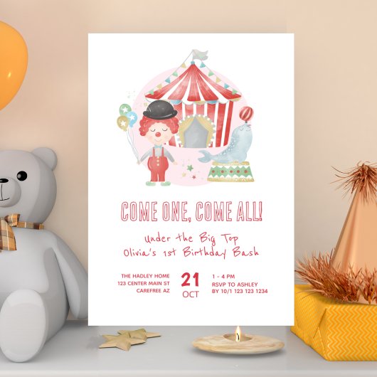 Cute Carnival Circus 1e verjaardagsfeest Kaart