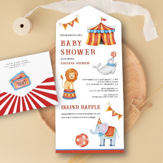 Cute Carnival Circus Baby shower All In One Uitnodiging