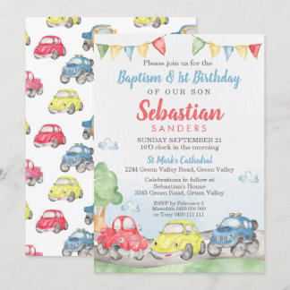 Cute Cars Baptism 1e verjaardag Uitnodiging