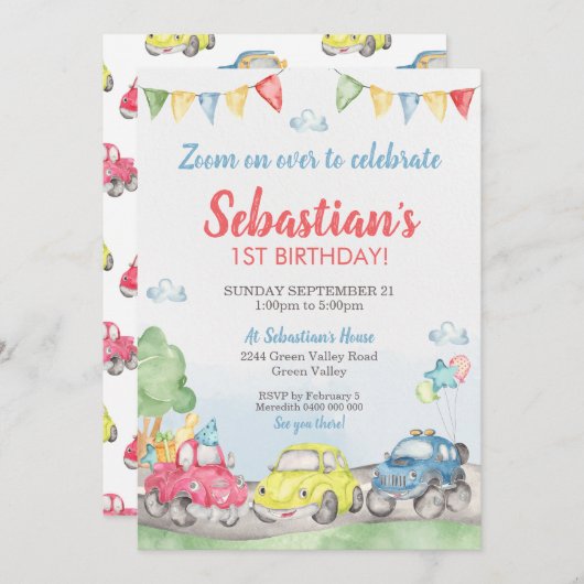 Cute Cars Birthday Invitation Kaart (Voorkant / Achterkant)