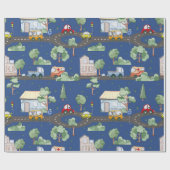 Cute Cars in Town Pattern for Little Boys Blue Cadeaupapier (Vlak)