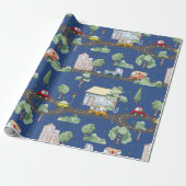 Cute Cars in Town Pattern for Little Boys Blue Cadeaupapier (Uitgerold)