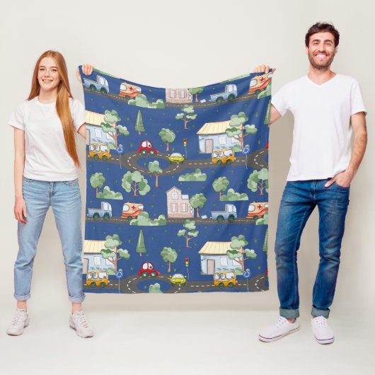 Cute Cars in Town Pattern for Little Boys Blue Fleece Deken (In situ)