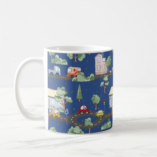 Cute Cars in Town Pattern for Little Boys Blue Koffiemok (Links)