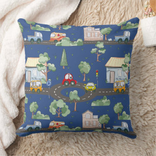 Cute Cars in Town Pattern for Little Boys Blue Kussen
