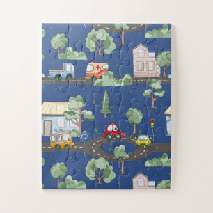 Cute Cars in Town Pattern for Little Boys Blue Legpuzzel