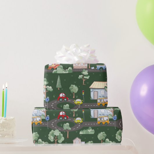 Cute Cars in Town Pattern for Little Boys Green Cadeaupapier (Feestgeschenken)