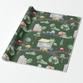 Cute Cars in Town Pattern for Little Boys Green Cadeaupapier (Uitgerold)