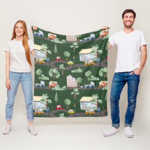Cute Cars in Town Pattern for Little Boys Green Fleece Deken