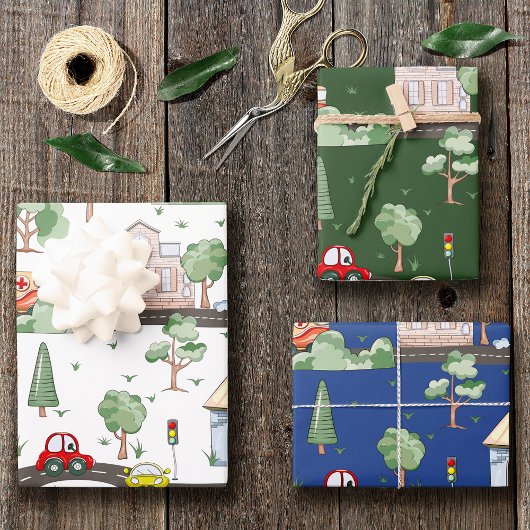 Cute Cars in Town Pattern for Little Boys Inpakpapier Vel