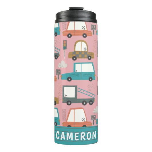 Cute Cars Trucks Pink Personalized Thermosbeker (Voorkant)
