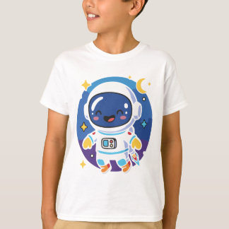 “Cute cartoon astronaut floating in space, playful T-shirt