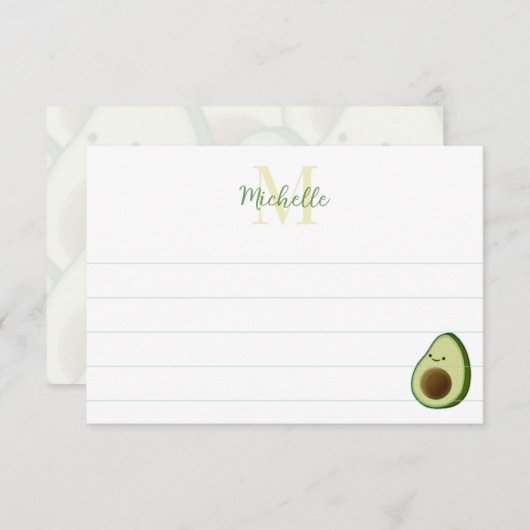 Cute Cartoon Avocado Custom Monogram Lined Notitiekaartje (Voorkant / Achterkant)