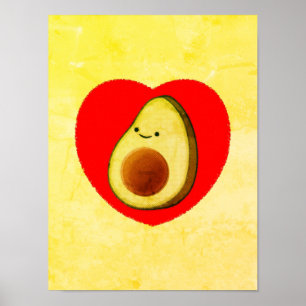 Cute Cartoon Avocado in Red Heart Painting Poster