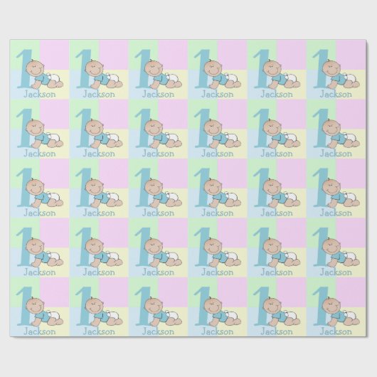 Cute Cartoon Baby Boy 1e verjaardag Cadeaupapier (Vlak)