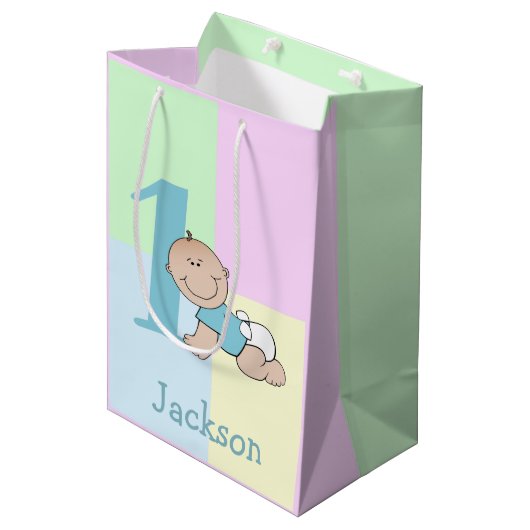 Cute Cartoon Baby Boy 1e verjaardag Medium Cadeauzakje (Voorkant Gekanteld)
