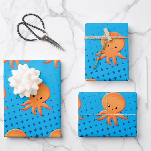 Cute Cartoon Baby Octopus Blue Ocean Inpakpapier Vel (Voorkant)