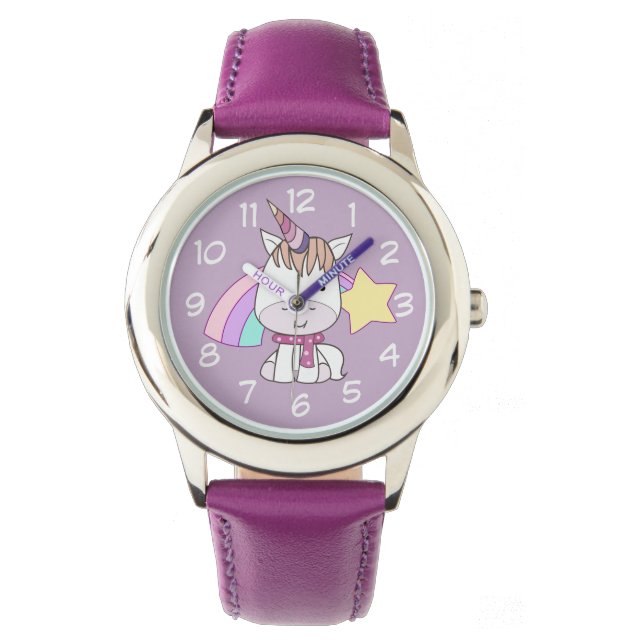 Cute Cartoon Baby Unicorn en Rainbow Horloge (Voorkant)
