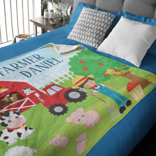 Cute Cartoon Barnyard Animals, Farmer en Tractor Fleece Deken