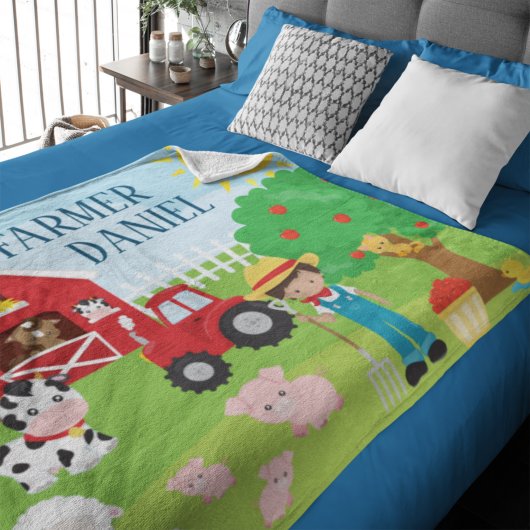 Cute Cartoon Barnyard Animals, Farmer en Tractor Fleece Deken