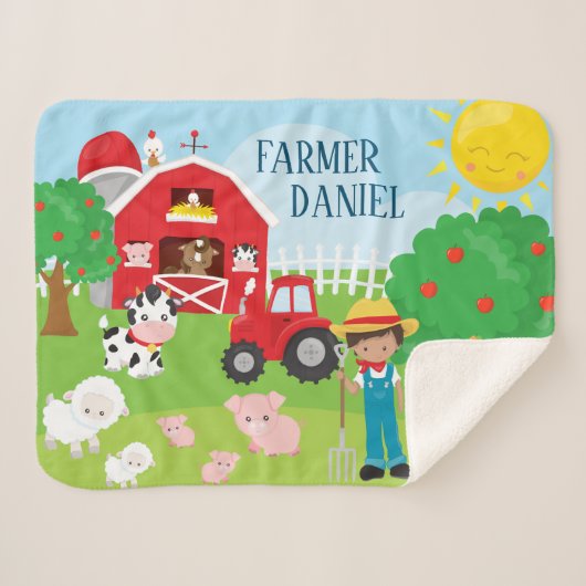 Cute Cartoon Barnyard Animals, Farmer en Tractor Sherpa Deken (Voorkant (horizontaal))
